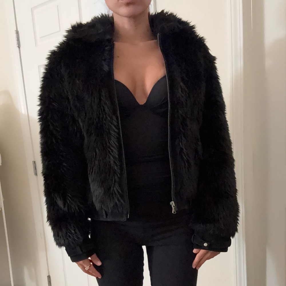 Express Black Faux Fur Teddy Jacket with Zip Front